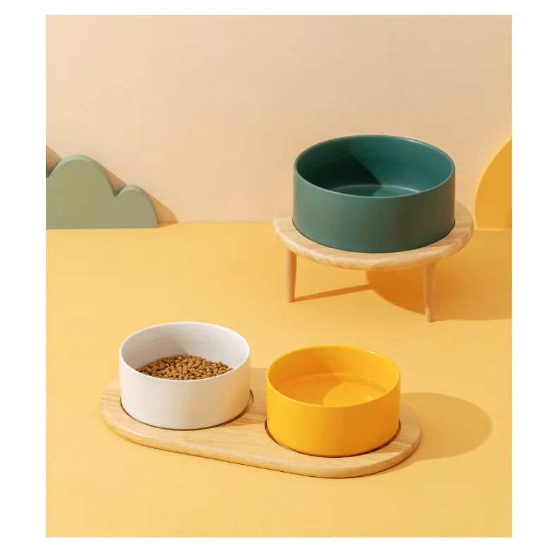 850ml Dog Food Water Bowl Elevated Cat Drinking Eating Feeding Bowls with Wooden Stand Pet Ceramic Feeder with Removable Base