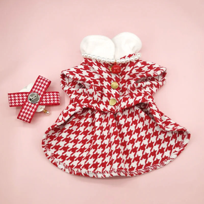 Autumn Winter Christmas Dog Dress Cute Flower Dog Clothes Red Plaid Dress Cat Pet Clothing Coat Dog Dresses for Small Dogs