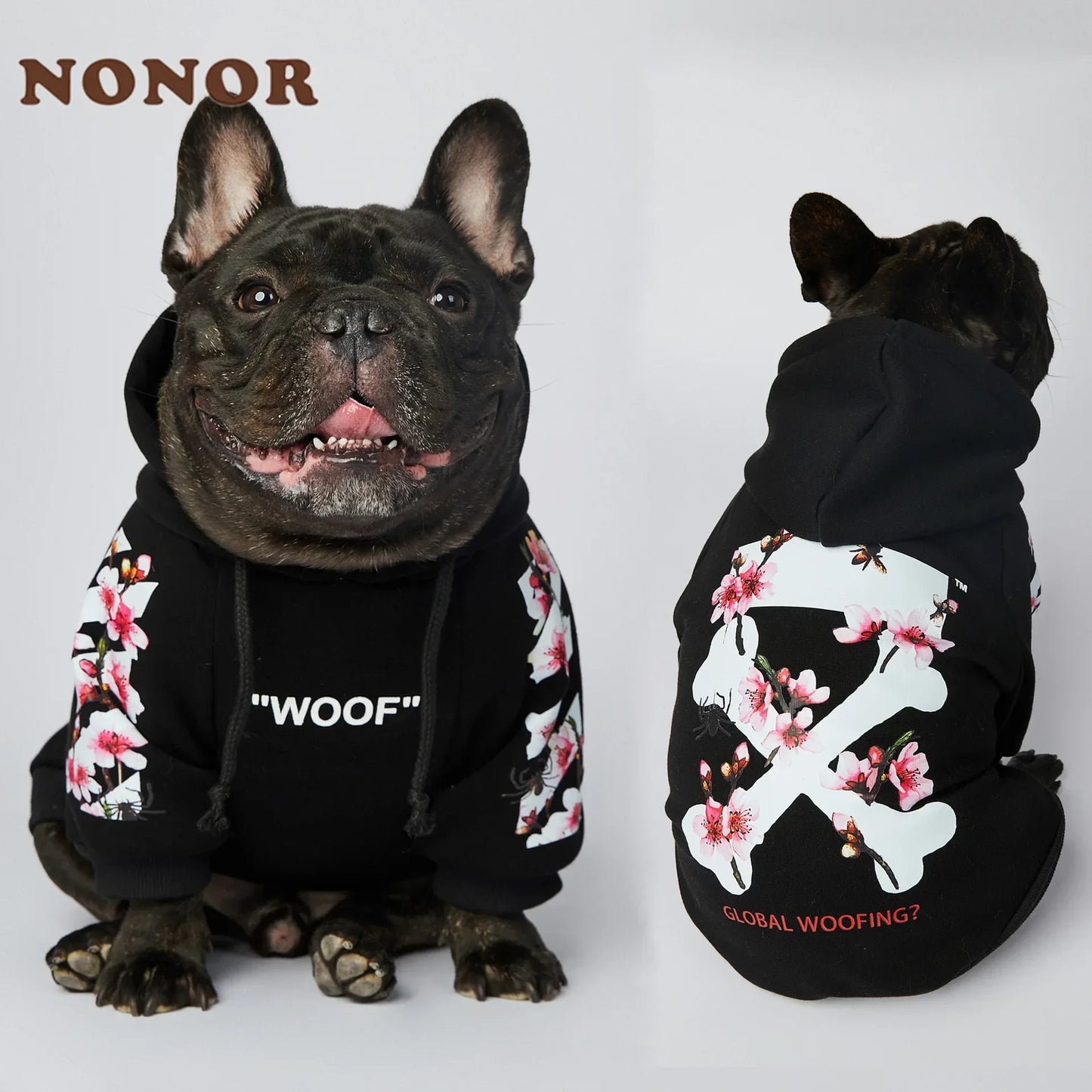 NONOR Dog Clothes WOOF Fashion Sakura Dog Jacket Pet Dog Hoodies Winter French Bulldog Pugs Sports Dog Jacket M-4XL