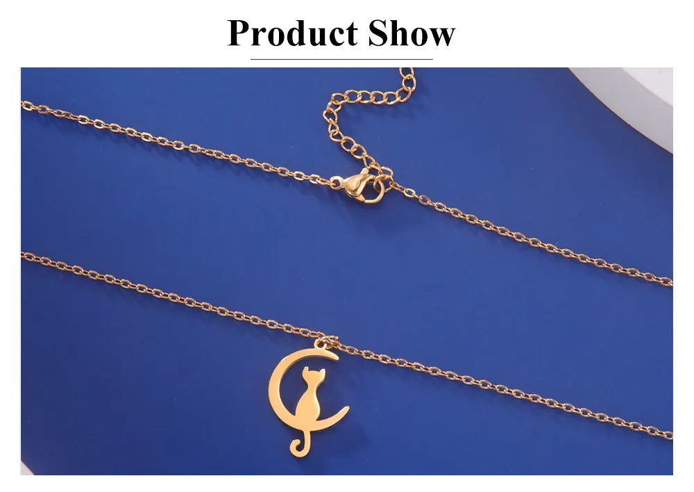 Cazador Stainless Steel Cute Animal Crescent Moon Cat Pendant Necklace Women Girl Kitten Neck Chain Choker Jewelry Birthday Gift