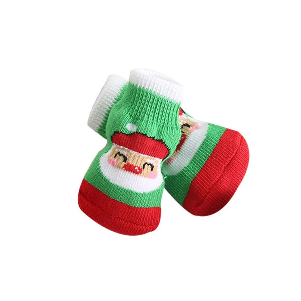 Dog Cat Socks 4 PCS Non-Slip Christmas Shoes Festival Themed Woven Paw Protector Knitting Pet Supplies for Floor Indoor