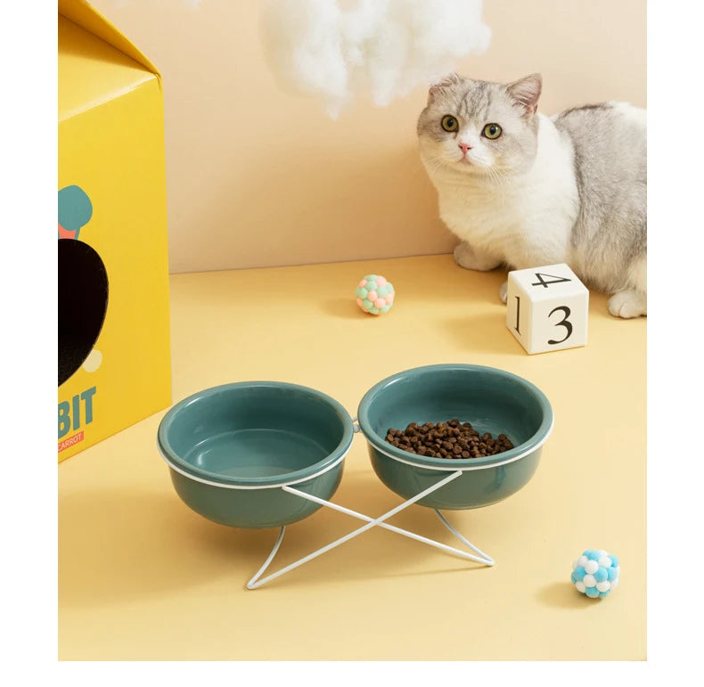 800ml Cat Double Bowls with Stand Small Dogs Ceramic Food Water Feeders 2 Bowl Design Pet Driking Eating Feeding Supplies