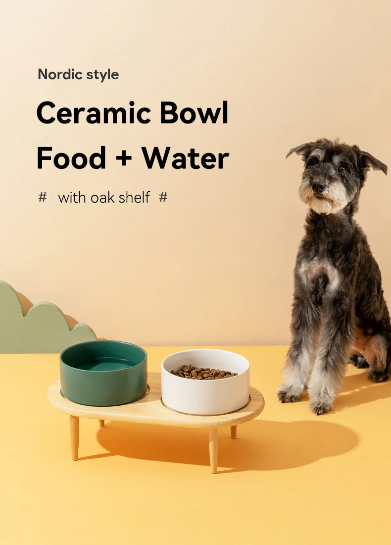 850ml Dog Food Water Bowl Elevated Cat Drinking Eating Feeding Bowls with Wooden Stand Pet Ceramic Feeder with Removable Base