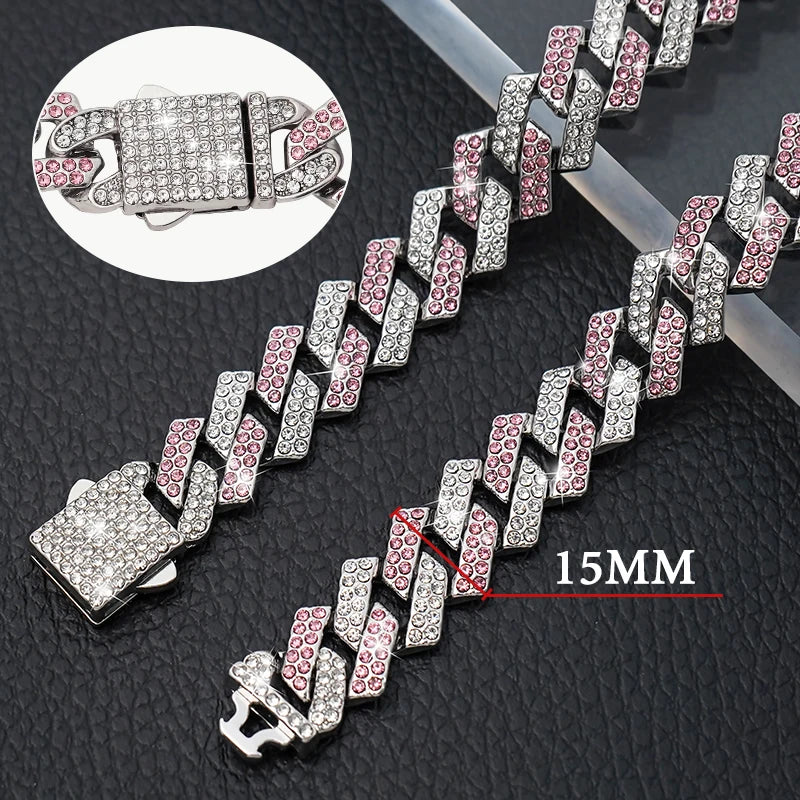 15MM Gold Dog Chain Collar Cuban Link Diamond Pet Chains Collars Luxury  Jewelry Necklace Pet Accessory for Dog Cat Puppy