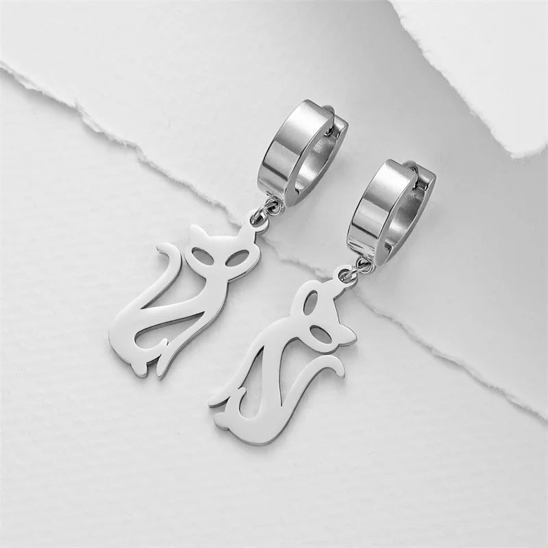 Stainless Steel Earrings for Women Girls Punk Cat Drop Earrings Earring Animal Jewelry Gift