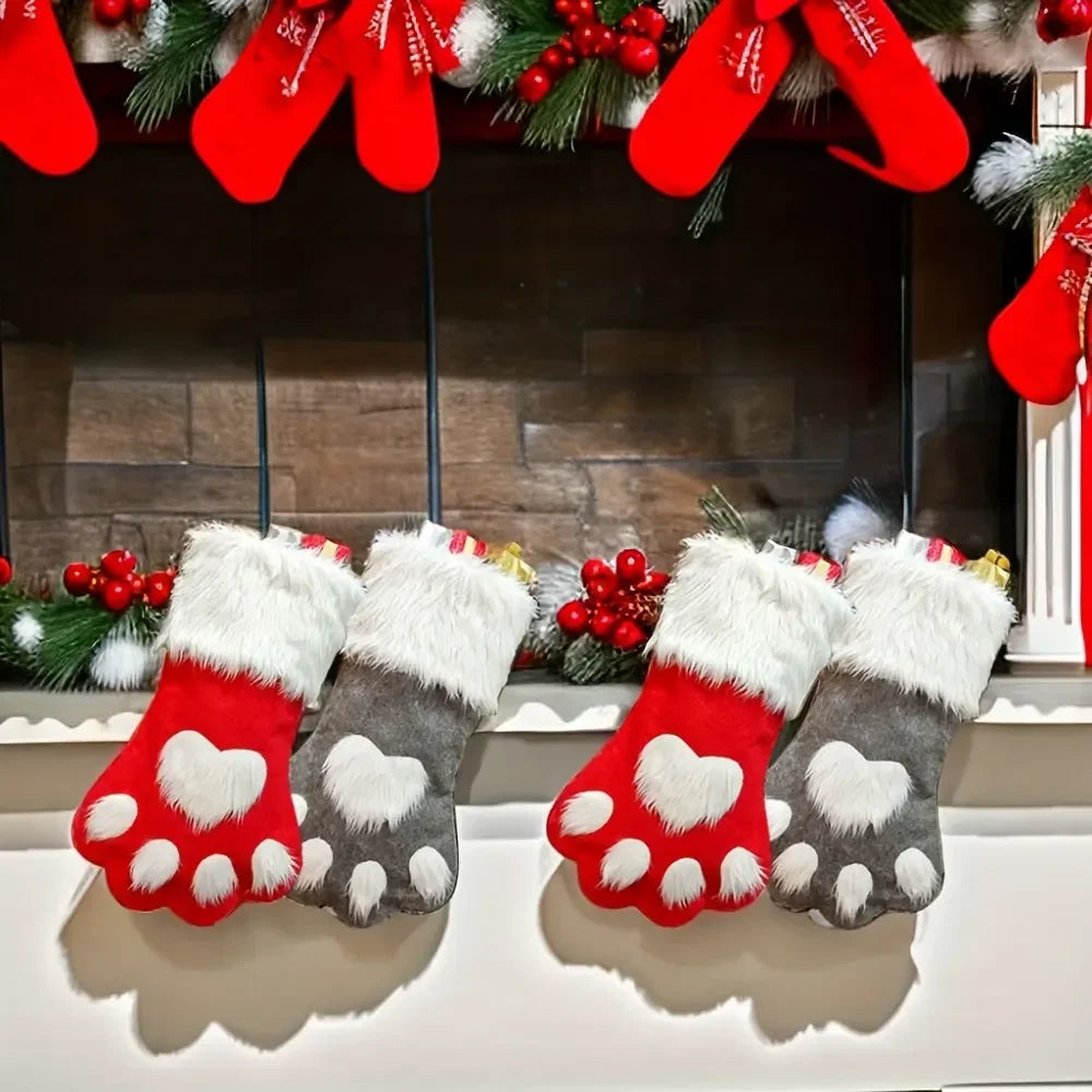 1pcs Christmas Stockings Home Decoration Accessories Plaid Christmas Gift Bags Pet Dog Cat Paw Stocking Socks Xmas Tree Ornament