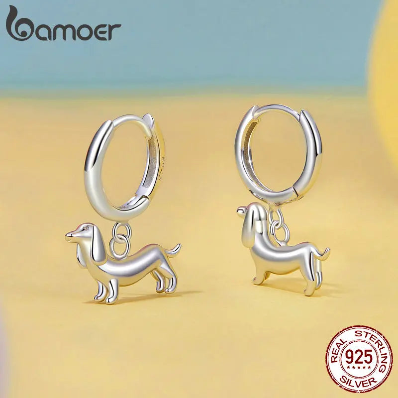 BAMOER 2024 New Arrival 925 Sterling Silver Drop Earrings, White Gold Plated Cute Dog Cat Dangle Hypoallergenic Earrings SCE1757