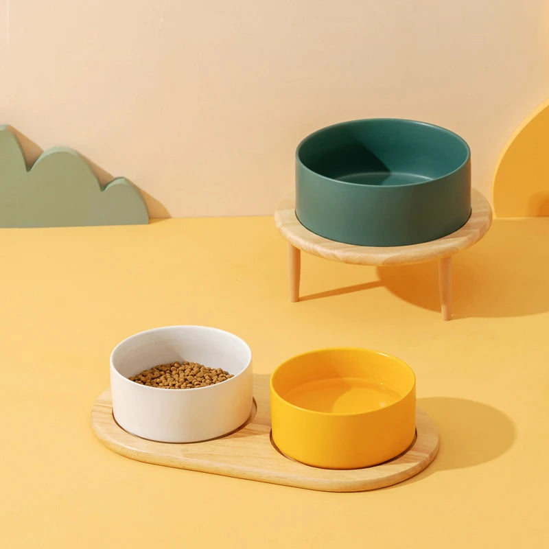 850ml Dog Food Water Bowl Elevated Cat Drinking Eating Feeding Bowls with Wooden Stand Pet Ceramic Feeder with Removable Base