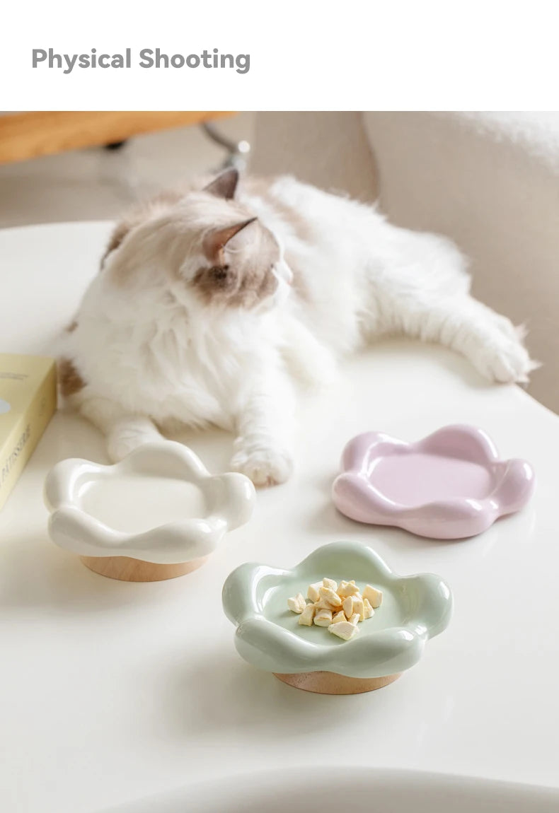 Cat Ceramic Bowl Small Pet Elevated Food Water Feeders Puppy Dog Drinking Eating Dish Plate with Wooden Stand