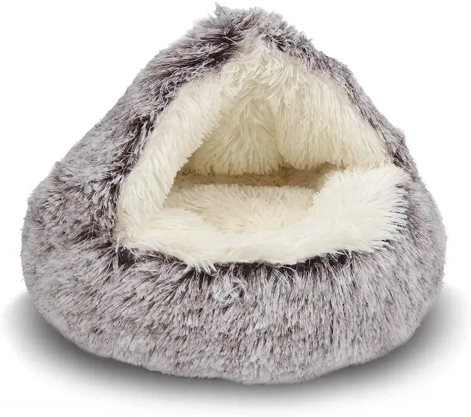 Soft Plush Round Cat Bed Warm Comfortable Winter Long Plush Pet Cat Bed Round Semi Enclosed Cat Nest For Small Dogs Sleep Bag