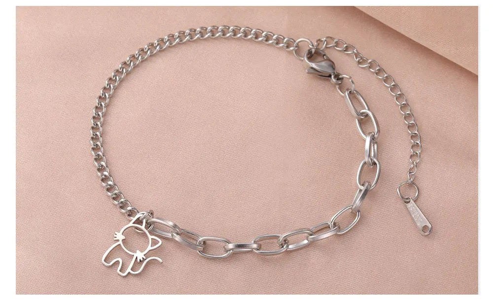 Cazador Trendy Cat Kitten Charm Bracelet for Women Stainless Steel Asymmetric Chain Bracelets Cute Animal Jewelry Gift