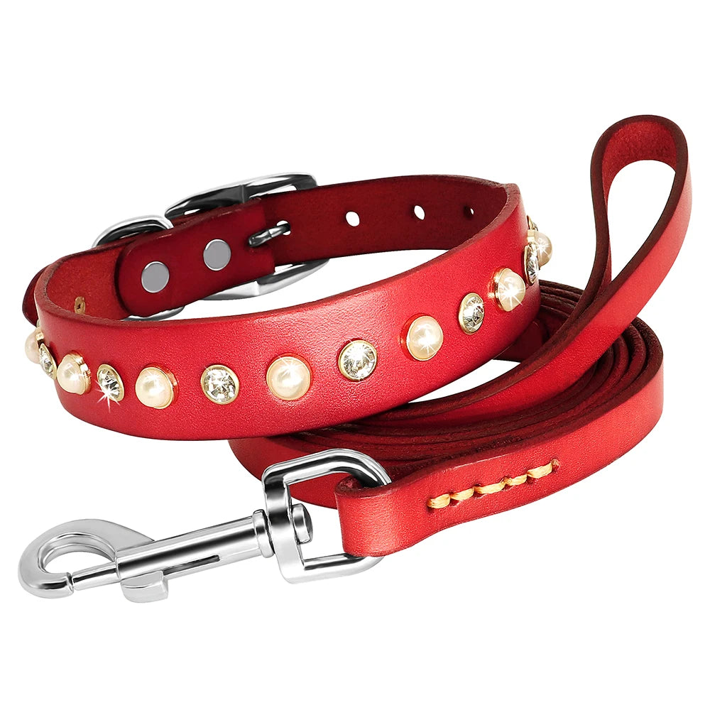 Genuine Leather Small Medium Dog Cat Collar Adjustable Rhinestone Diamond Accessories Pet Puppy Collars Leash Set For Chihuahua