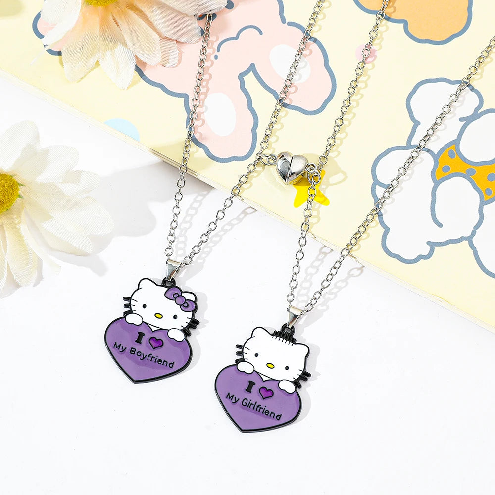 2pcs Hello Kitty Couple Pendant Necklace I Love My Boyfriend Girlfriend Necklace Kawaii Sanrio KT Cat Neck Chains