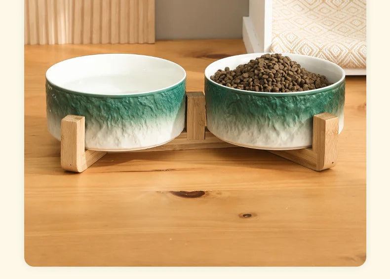 Cat Double Bowls Set 700ML Pet Food Water Feeders Small Medium Dogs Ceramic Gradient Color Bowls with Wooden Stand