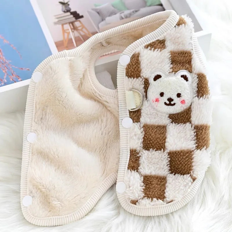 Winter Cat Dog Clothes with Buckle Sweet Bear Print Pet Plush Sweater for Small Dogs Pomeranian Chihuahua Puppy Button Jacket