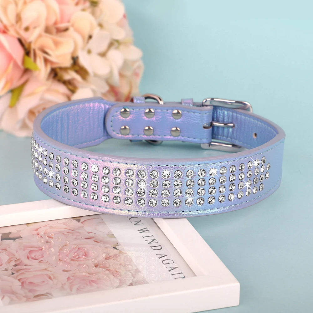 Bling Rhinestone Dog Collar Wide Leather Dogs Collars Glitter Diamond Pet Necklace Durable For Medium Large Dogs French Bulldog