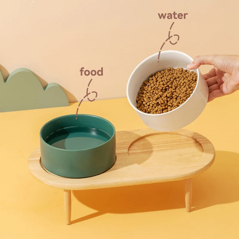 850ml Dog Food Water Bowl Elevated Cat Drinking Eating Feeding Bowls with Wooden Stand Pet Ceramic Feeder with Removable Base