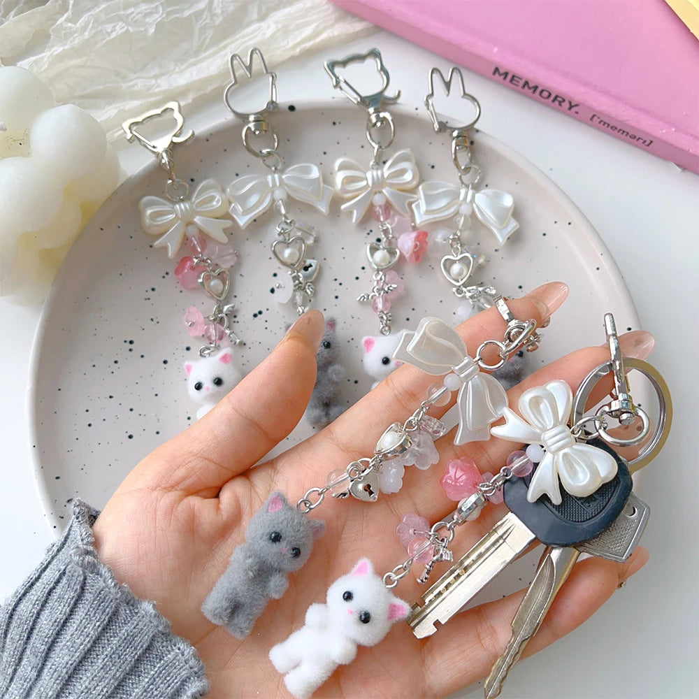 Furry Kitten Keychain Soft Plush Cat Bow Keychain Cartoon Women Girls Cute Bag Pendant Decoration White Gray Y2k Bowknot Keyring