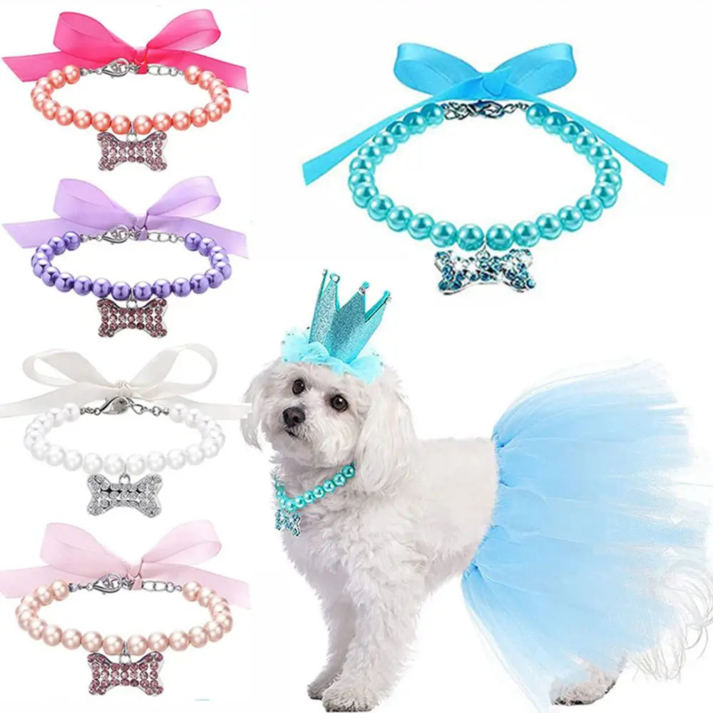 Imitation Pearl Cute Dog Necklace Pet Collar Accessories Jewelry Neck Chain For Small Dogs Large Dog Cats 5 colors