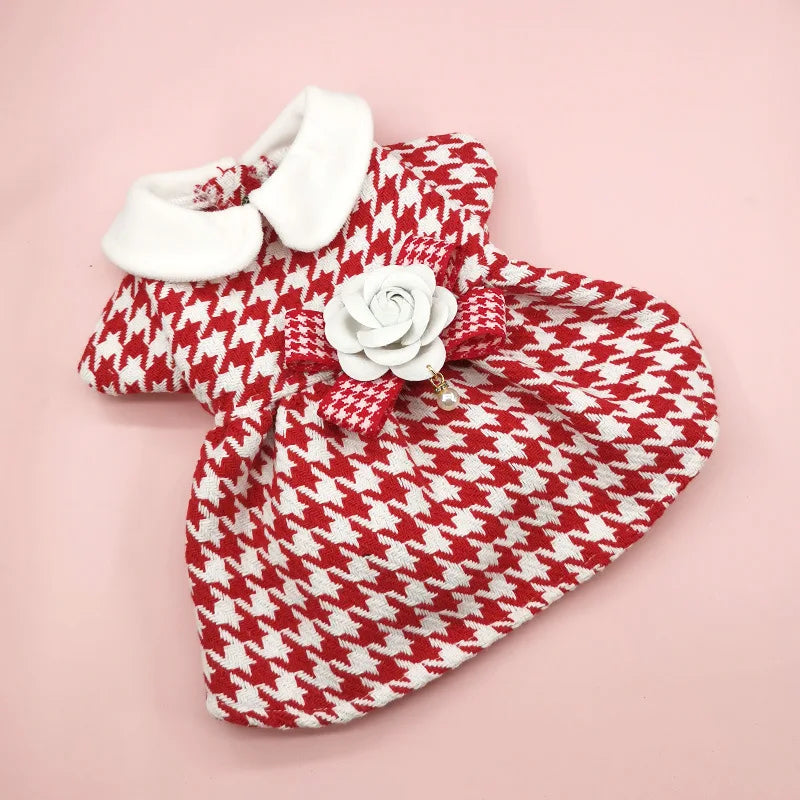 Autumn Winter Christmas Dog Dress Cute Flower Dog Clothes Red Plaid Dress Cat Pet Clothing Coat Dog Dresses for Small Dogs