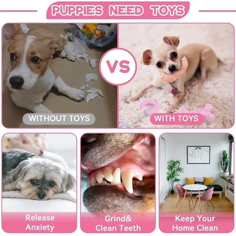 Dog Chew Toys for Cleaning Teeth Pink Soft Rubber Bone Funny Ball Interactive Donut Treat Set for Small Medium Dogs Pet Gifts