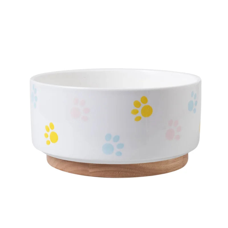 Ceramics Dog Bowl with Wood Mat Wide Mouth Feeding Bowls Food and Water Pet Feeder for Cat Puppy Protecting Cervical Spine