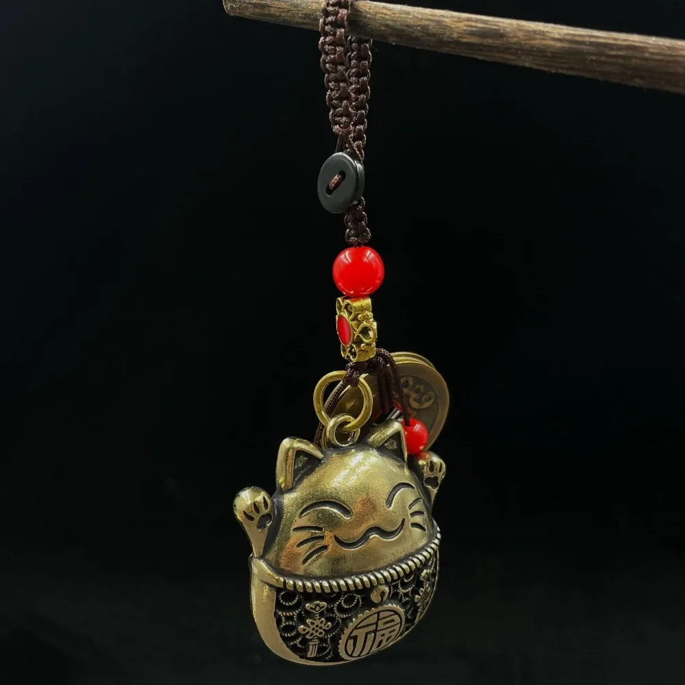 Lucky Cat Brass Keychain Maneki Neko Feng Shui Coins Waist Keychain Lucky Tassel with Five Emperors Money Bag Pendant Decoration