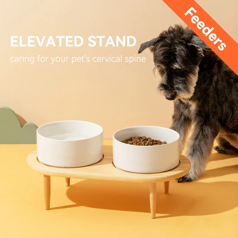 850ml Dog Food Water Bowl Elevated Cat Drinking Eating Feeding Bowls with Wooden Stand Pet Ceramic Feeder with Removable Base