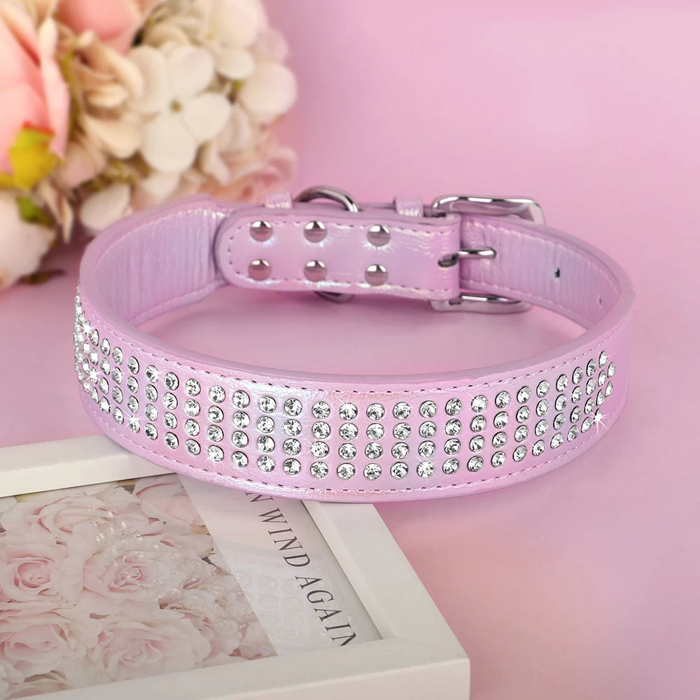 Bling Rhinestone Dog Collar Wide Leather Dogs Collars Glitter Diamond Pet Necklace Durable For Medium Large Dogs French Bulldog