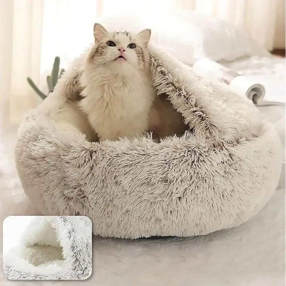 Soft Plush Round Cat Bed Warm Comfortable Winter Long Plush Pet Cat Bed Round Semi Enclosed Cat Nest For Small Dogs Sleep Bag