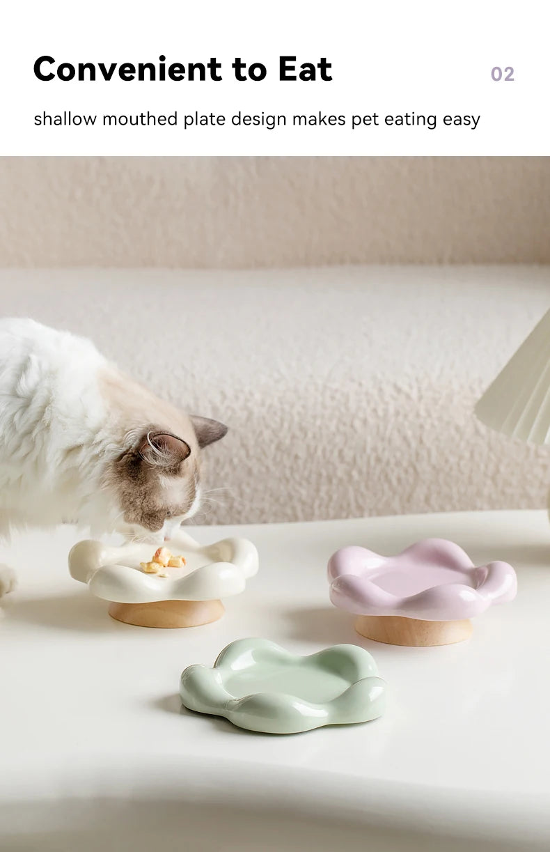 Cat Ceramic Bowl Small Pet Elevated Food Water Feeders Puppy Dog Drinking Eating Dish Plate with Wooden Stand