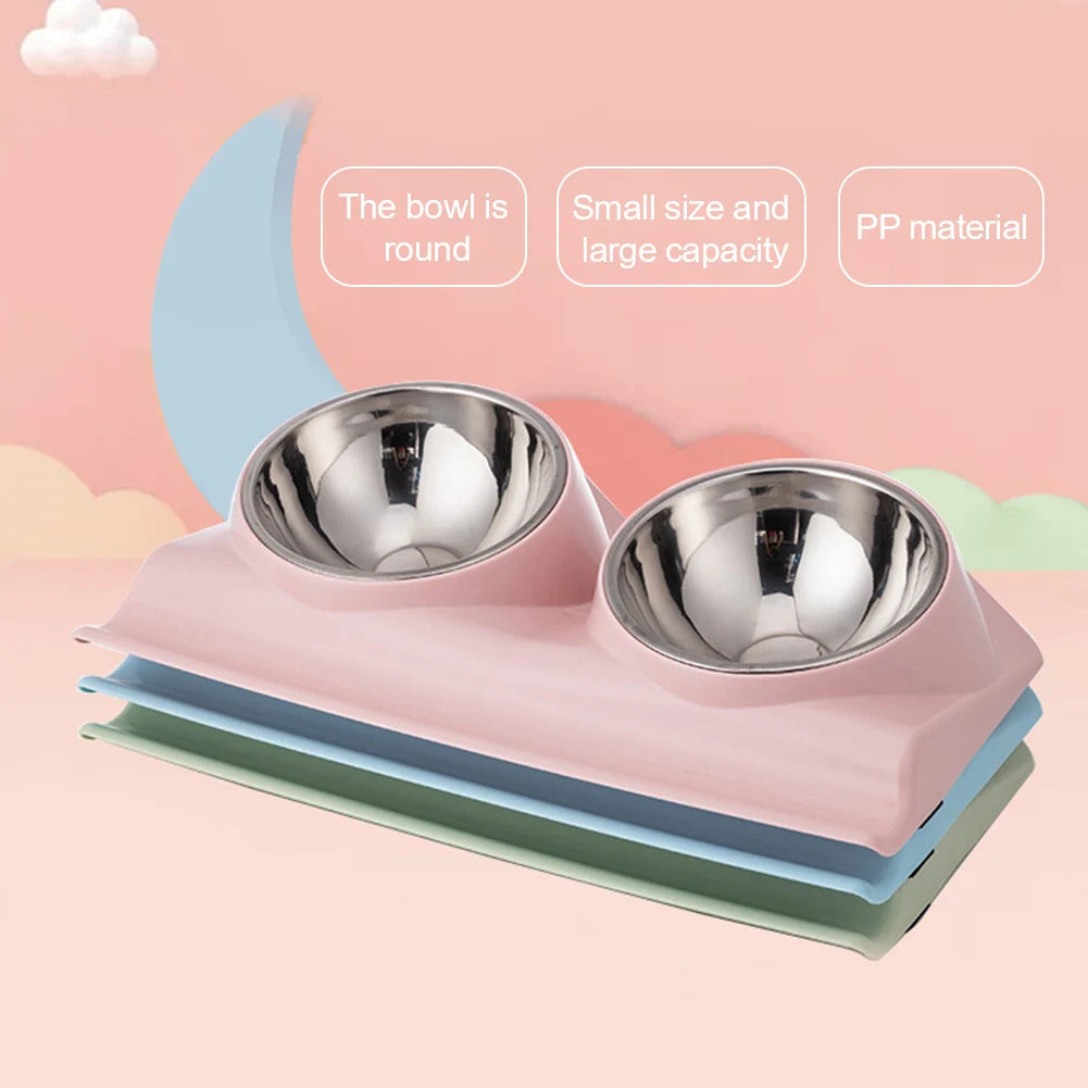 15 Degree Tilted Non Slip Food Water Cat Pet Supplies Stainless Steel With Raised Stand Home Puppy Double Dog Bowl Feeder