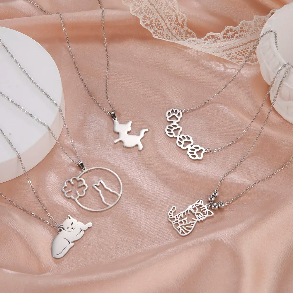 Cazador Cute Animal Cat Pendant Necklace for Women Girls Lovely Paw Choker Neck Chain Stainless Steel Jewelry Birthday Gift 2024