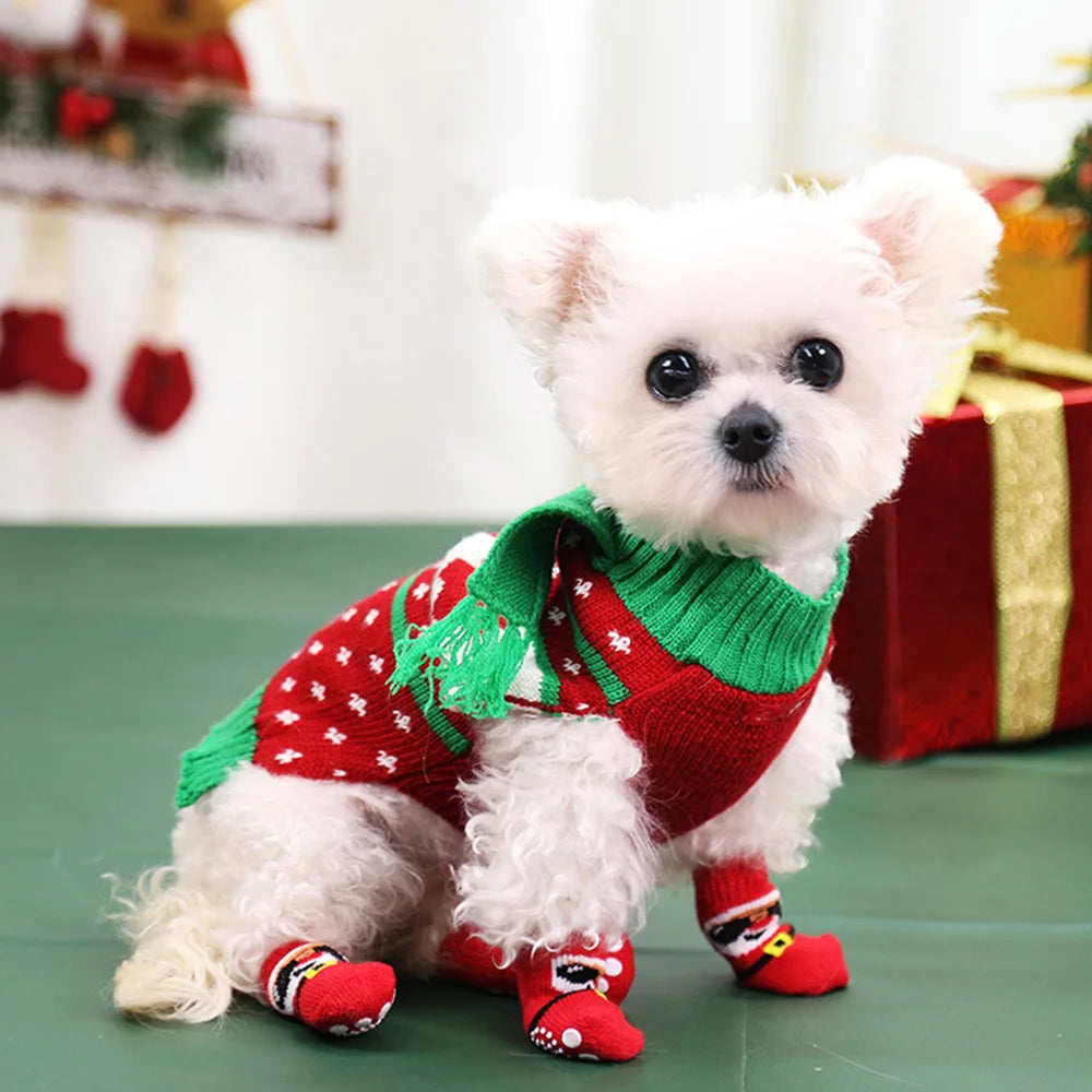 Dog Cat Socks 4 PCS Non-Slip Christmas Shoes Festival Themed Woven Paw Protector Knitting Pet Supplies for Floor Indoor