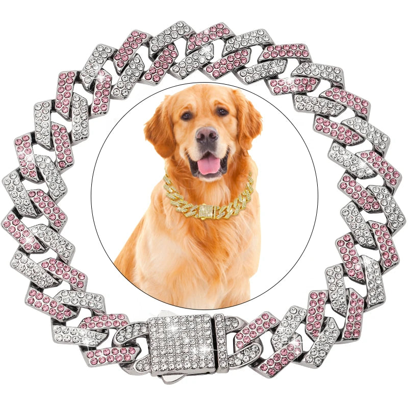 15MM Gold Dog Chain Collar Cuban Link Diamond Pet Chains Collars Luxury  Jewelry Necklace Pet Accessory for Dog Cat Puppy