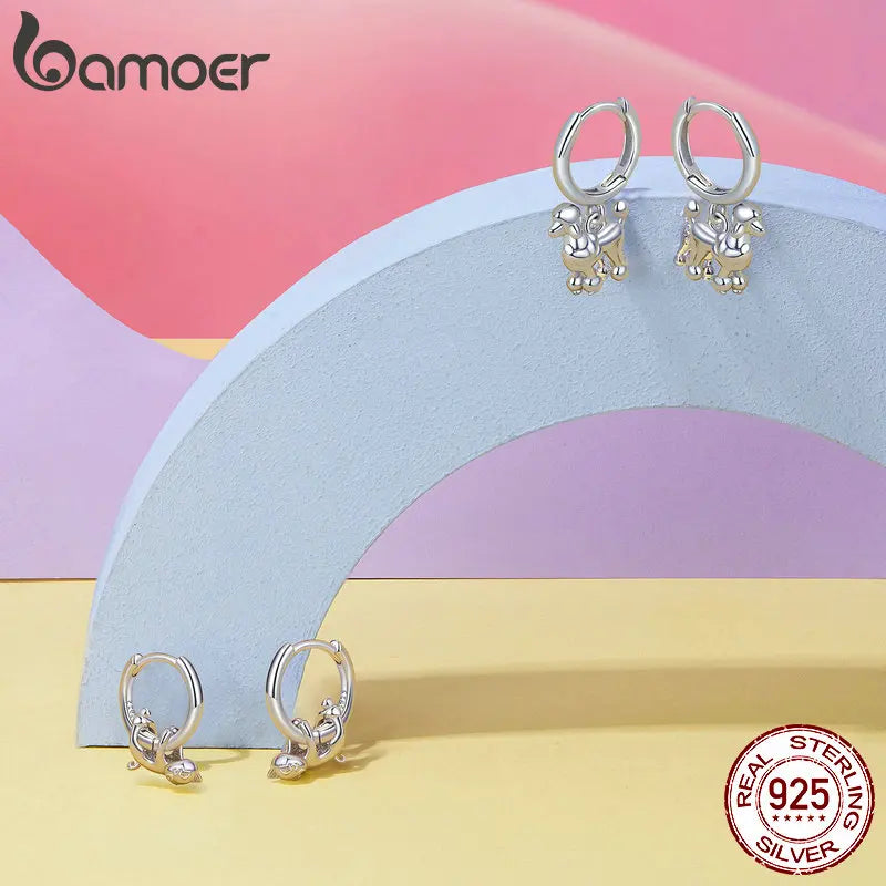 BAMOER 2024 New Arrival 925 Sterling Silver Drop Earrings, White Gold Plated Cute Dog Cat Dangle Hypoallergenic Earrings SCE1757