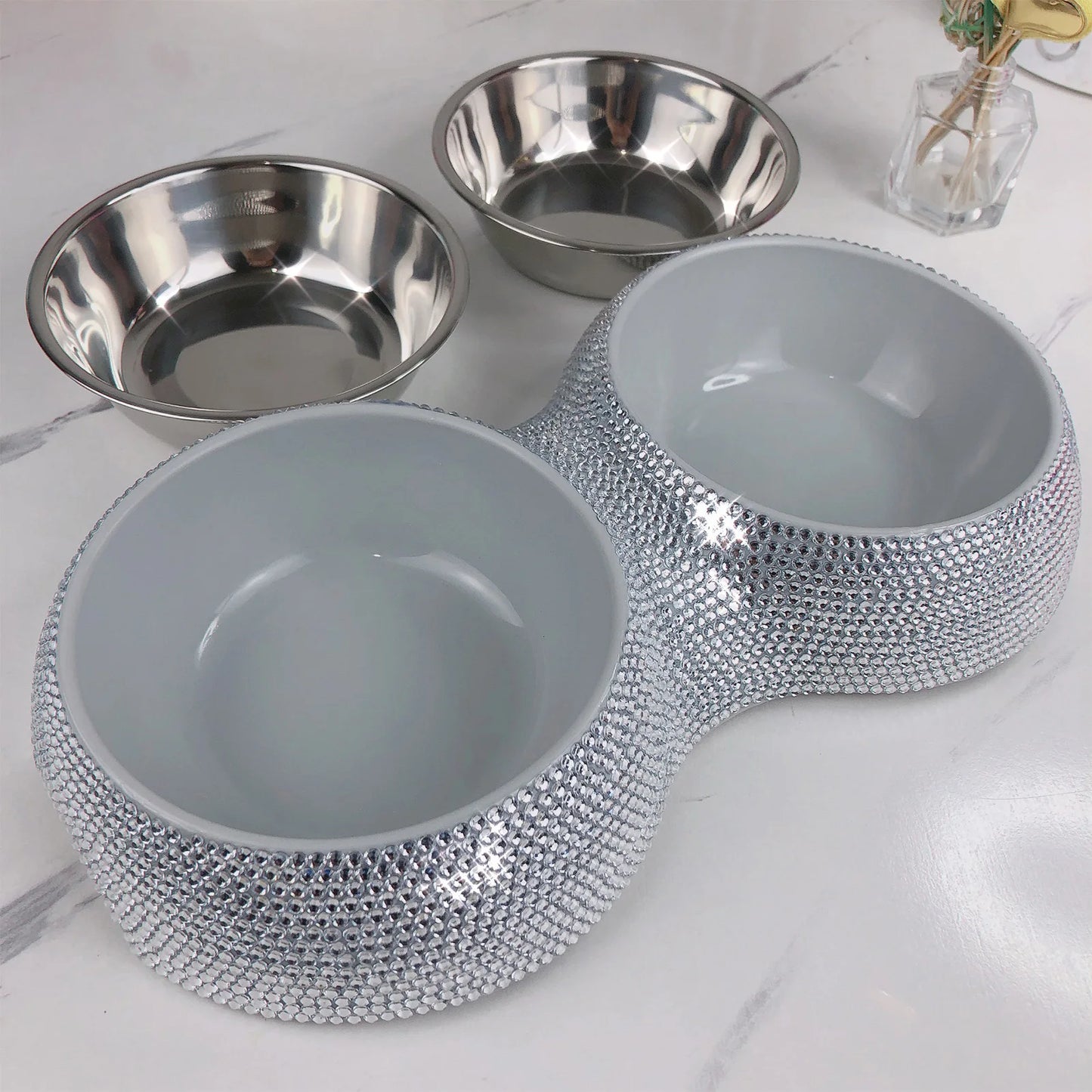 Double Pet Bowl Bling Bling Rhinestone Cat Dog Food Water Feeder Stainless Steel Dog Bowl Feeding Supplies Pets Accessories