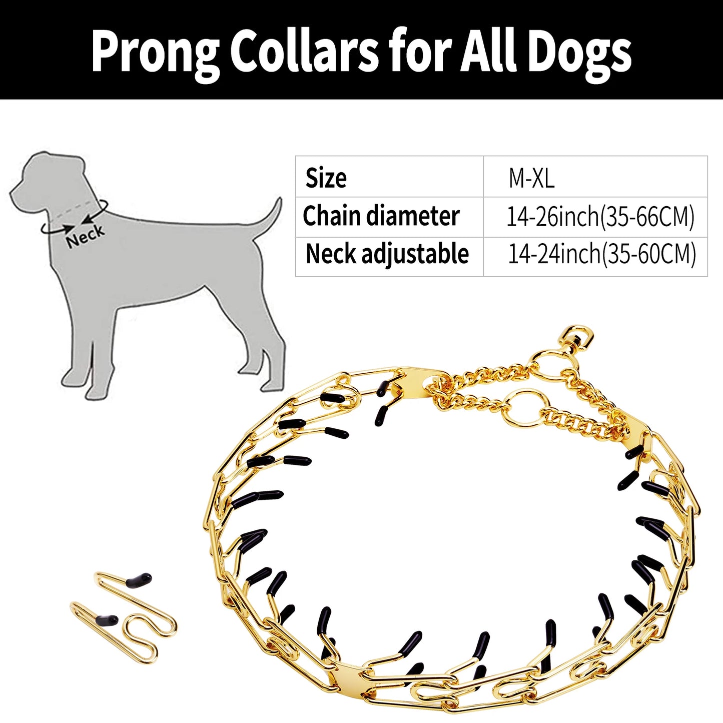 18K Gold Removable Pet Link Chain Pinch Dog Training Prong Collar Adjustable Stainless Steel Spike Necklace with Comfort Rubber