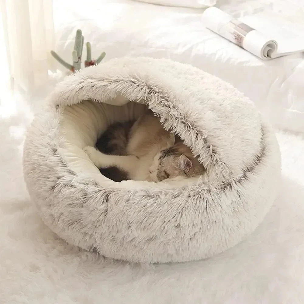 Soft Plush Round Cat Bed Warm Comfortable Winter Long Plush Pet Cat Bed Round Semi Enclosed Cat Nest For Small Dogs Sleep Bag