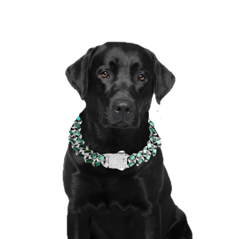 New Dog Collars Bling 13mm Green Stone Diamond Cuban Chain Cat Necklace Gold Silver Color Pet Jewelry Accessories