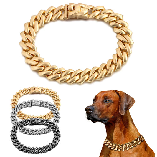 Dog Collar Chain Luxury Pet Cat Cuban Chain Collar For Small Medium Large Dogs 14MM Chunky Pet Necklace Jewelry Accessories