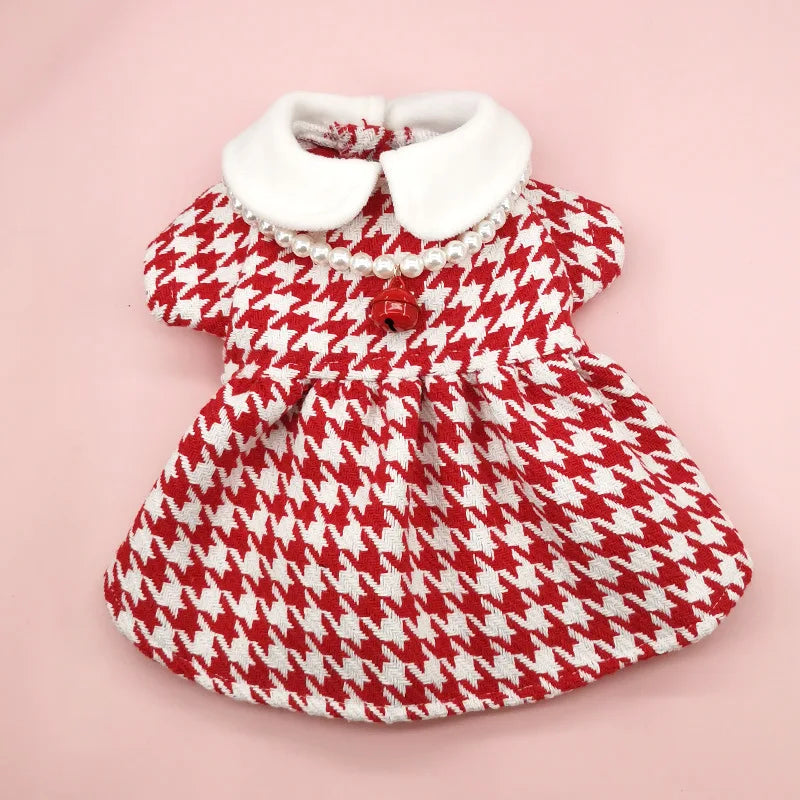 Autumn Winter Christmas Dog Dress Cute Flower Dog Clothes Red Plaid Dress Cat Pet Clothing Coat Dog Dresses for Small Dogs