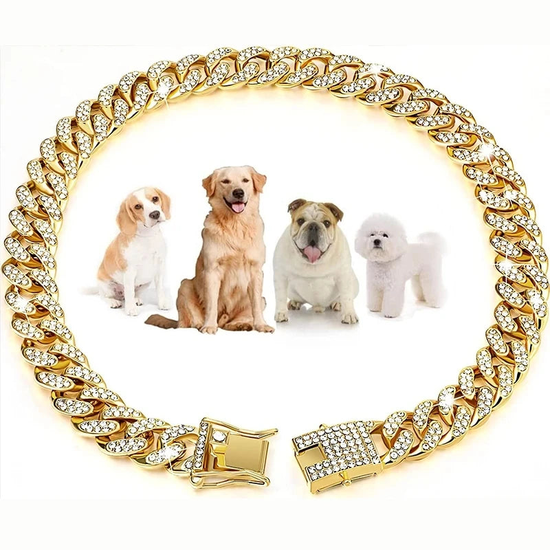 Dog Collars for Small Medium Large Dogs Cat Gold Chain Diamond Cuban Collar with Design Secure Buckle Pet Necklace