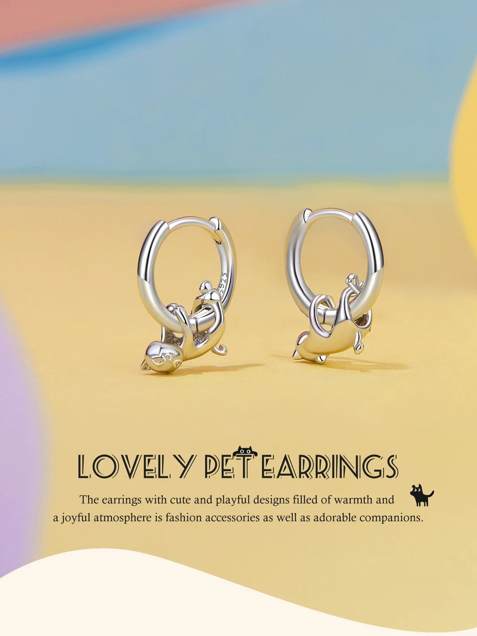 BAMOER 2024 New Arrival 925 Sterling Silver Drop Earrings, White Gold Plated Cute Dog Cat Dangle Hypoallergenic Earrings SCE1757