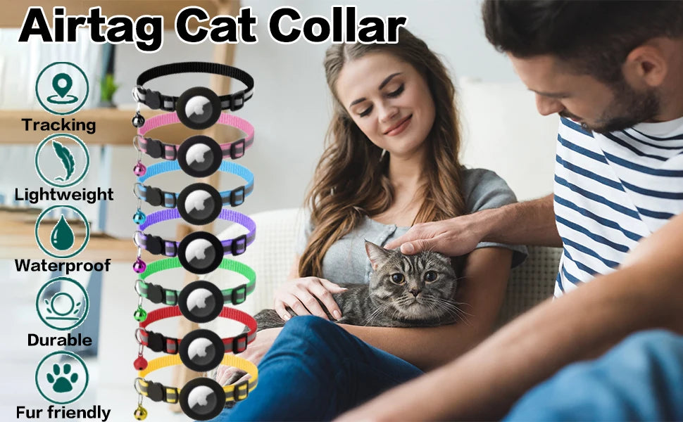 ATUBAN Airtag Cat Collar Breakaway, Reflective Kitten Collar with Apple Air Tag Holder and Bell for Girl Boy Cats, 0.4 Inches