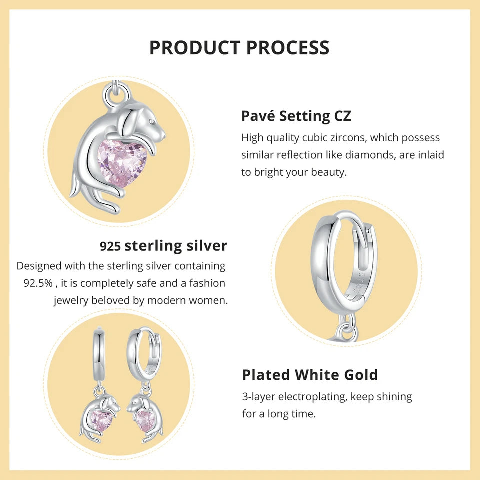 BAMOER 2024 New Arrival 925 Sterling Silver Drop Earrings, White Gold Plated Cute Dog Cat Dangle Hypoallergenic Earrings SCE1757