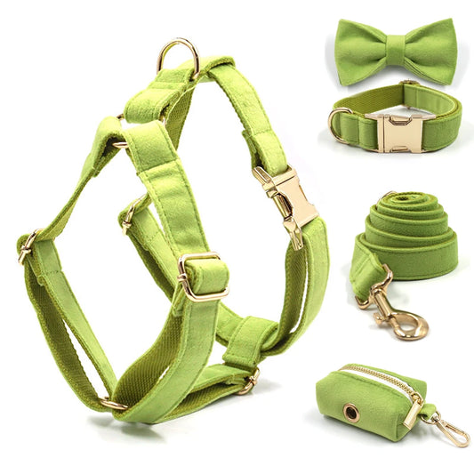 Fruit Green Velvet Dog Harness Luxury Designer Pet Collar with Gold Metal Buckles Medium Large Dog Traction Kit