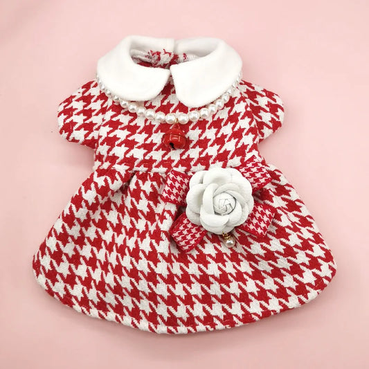 Autumn Winter Christmas Dog Dress Cute Flower Dog Clothes Red Plaid Dress Cat Pet Clothing Coat Dog Dresses for Small Dogs