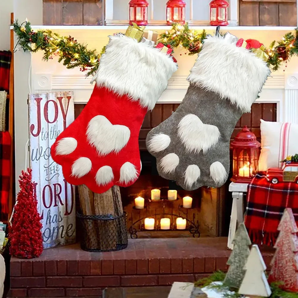 1pcs Christmas Stockings Home Decoration Accessories Plaid Christmas Gift Bags Pet Dog Cat Paw Stocking Socks Xmas Tree Ornament