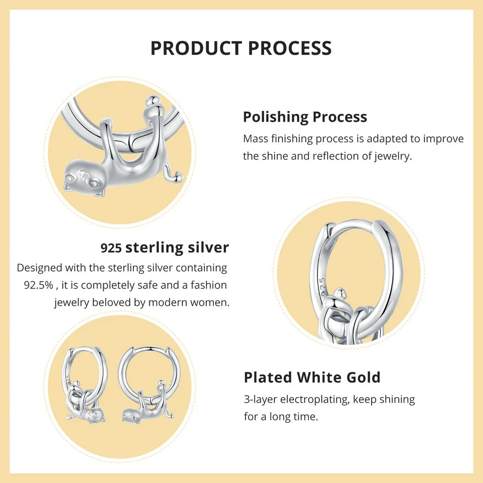 BAMOER 2024 New Arrival 925 Sterling Silver Drop Earrings, White Gold Plated Cute Dog Cat Dangle Hypoallergenic Earrings SCE1757